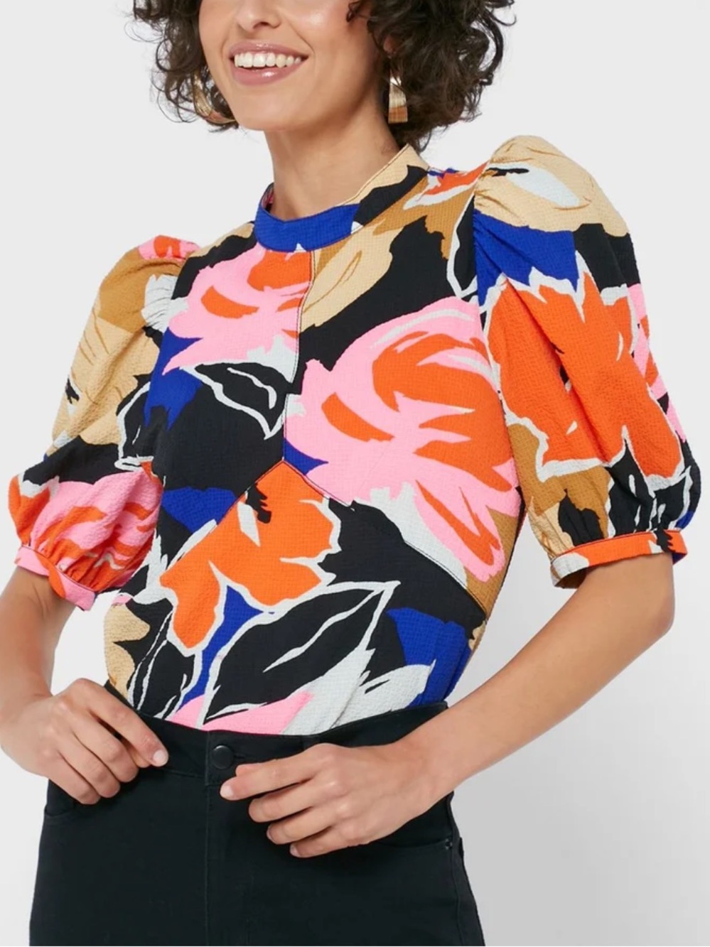 Ted Baker London Bold Floral Puff Sleeve Top in Orange, Pink & Blue Size 2